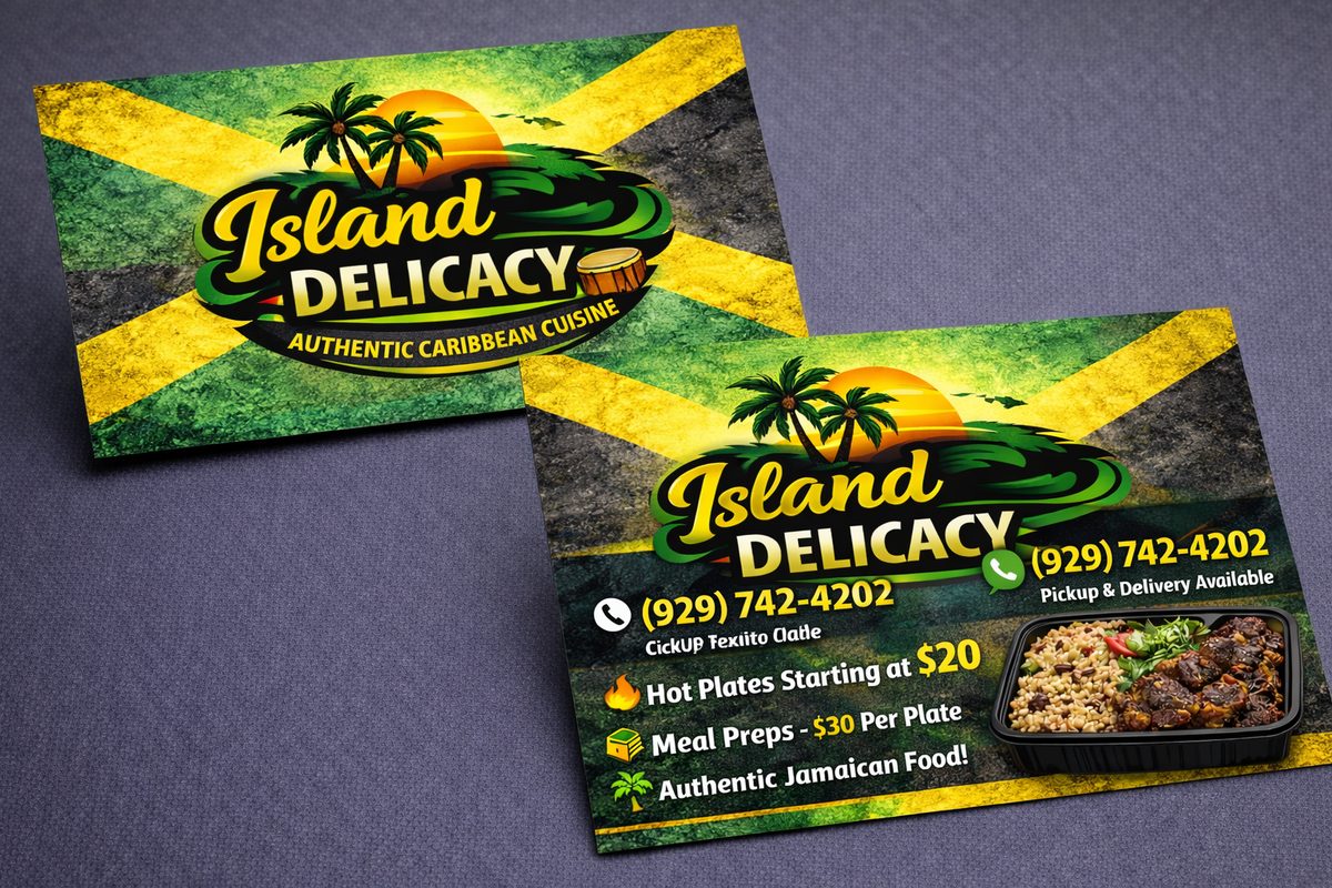 Island Delicacy business card with food image and ordering information